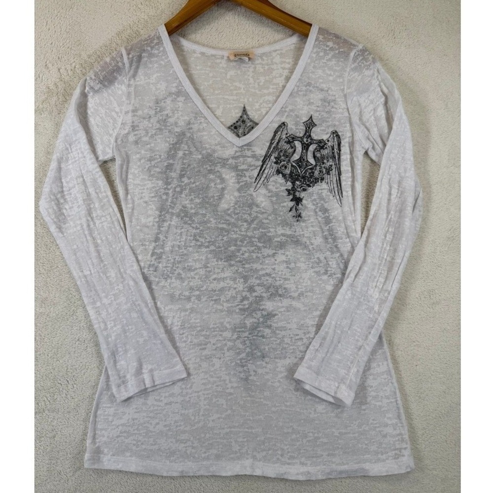 Davida Women's Small Burnout Gothic Top White Rhinestone Wing Cross Graphic Y2K